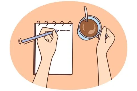 Person writing in notepad drinking coffee Illustrazione stock