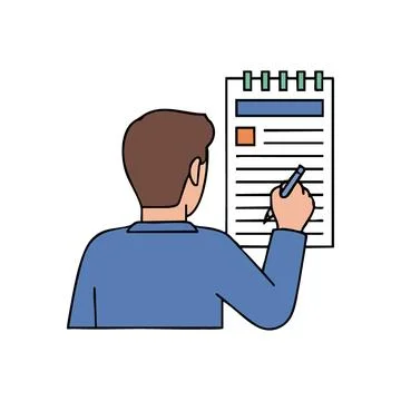 (Person Writing on Notepad Illustration. Back view of an individual holding.. Stock Illustration