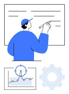 Person writing on a whiteboard with analytics chart and gear symbol below. Id Illustrazione stock