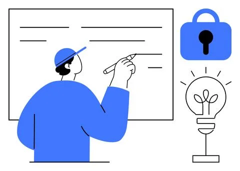 Person writing on a whiteboard while a padlock and lightbulb symbol are visib Stock Illustration