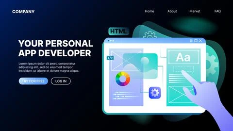 Personal App Developer Advertisement Banner. Horizontal Landing Page Template 스톡 일러스트