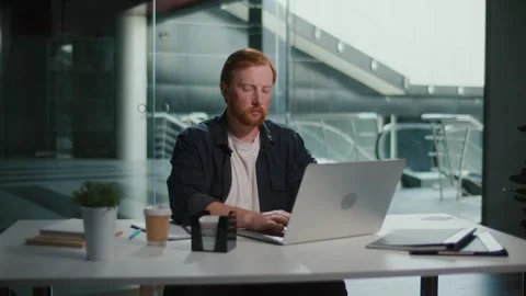 Personal Branding, Self-Driven Work. Man Focused at Computer in Office Stock Footage 307311543