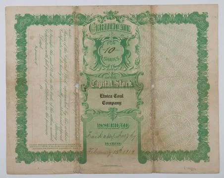 Personal certificate of 10 shares for $ 50; Etnica Coal Company; United St... Stock Photos
