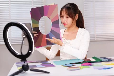 Personal Color Analysis Online Coaching by Asian Woman Personal Stylist Dis.. Stock Photos