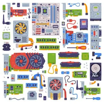 Personal Computer Accessories and Components for Repair Vector Set Illustrazione stock