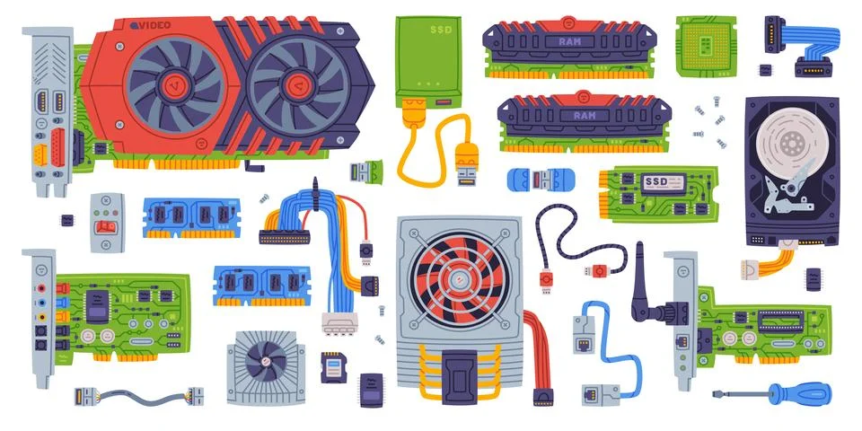 Personal Computer Accessories and Components for Repair Vector Set Stock Illustration