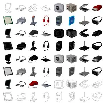 Personal computer accessories set icons in cartoon style. Big collection of Stock Illustration