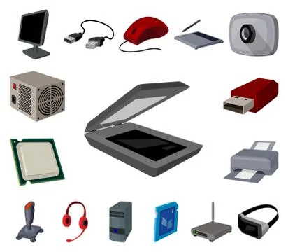 Personal computer cartoon icons in set collection for design. Equipment and 스톡 일러스트