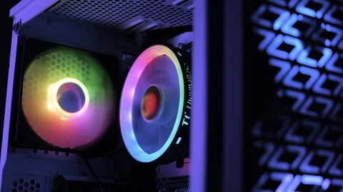 Personal computer, cooling unit with the fan of the stylish lights modern PC Stock Footage 270839273