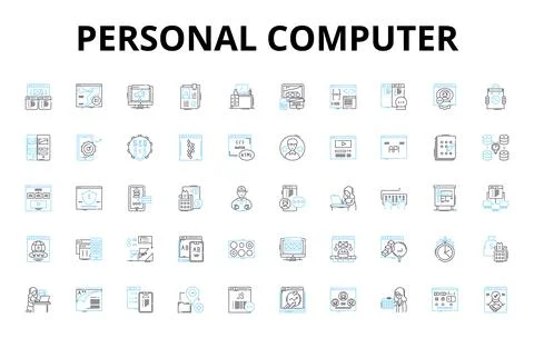 Personal computer linear icons set. Desktop, Laptop, Keyboard, Mouse, Monitor Illustrazione stock