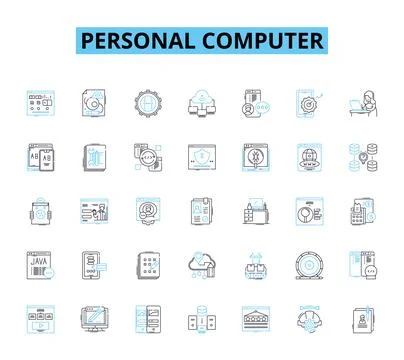 Personal computer linear icons set. Desktop, Laptop, Keyboard, Mouse, Monitor Stock Illustration