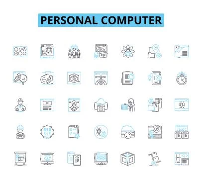 Personal computer linear icons set. Desktop, Laptop, Keyboard, Mouse, Monitor Stock Illustration