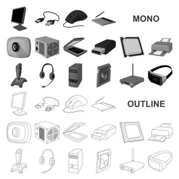 Personal computer monochrom icons in set collection for design. Equipment and Illustrazione stock