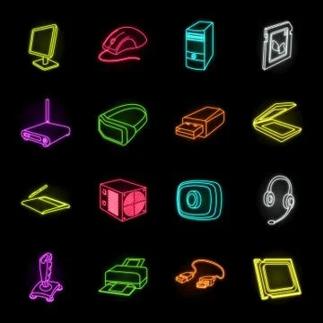 Personal computer neon icons in set collection for design. Equipment and Illustrazione stock