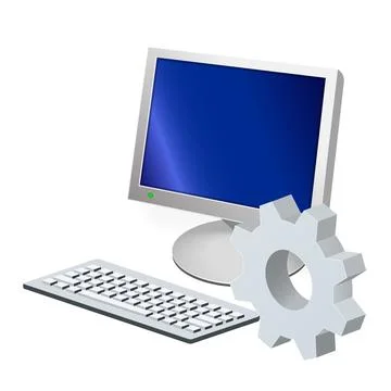 Personal computer or system unit with gear icon Settings icon or instruction Stock Illustration