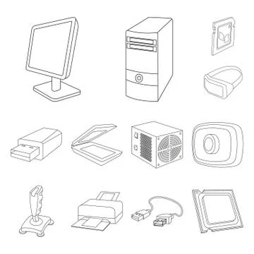 Personal computer outline icons in set collection for design. Equipment and Stock Illustration