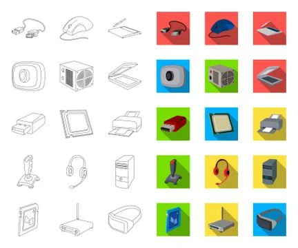 Personal computer outline,flat icons in set collection for design. Equipment and Illustrazione stock