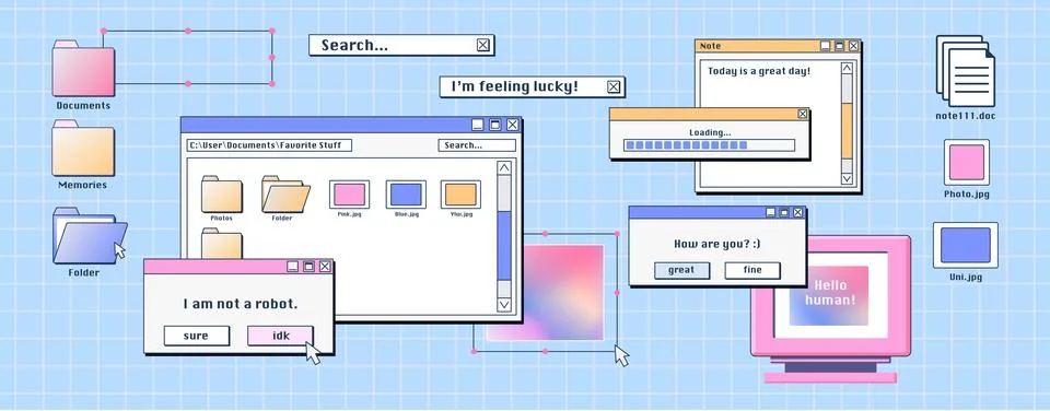 Personal computer screen with old software windows Stock Illustration