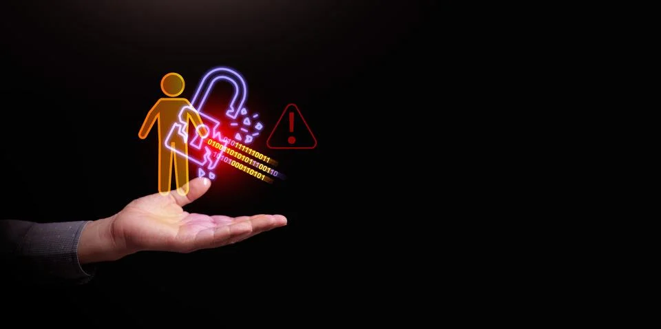 Personal data breach and cybersecurity concept. Broken padlock protecting h.. 스톡 사진