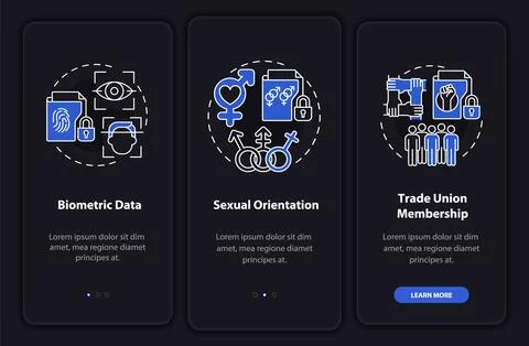 Personal data examples night mode onboarding mobile app screen Stock Illustration