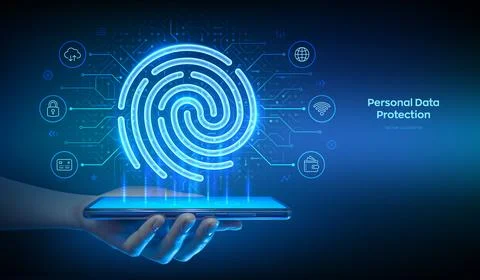 Personal Data protection concept. Fingerprint scan on a smartphone. Cyber S.. Illustrazione stock