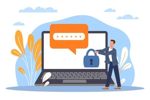 Personal data protection lock code. Secure password, huge laptop screen and tiny Illustrazione stock