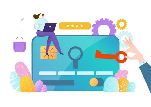 Personal data protection password, tiny character woman with laptop sitting Ilustración de archivo