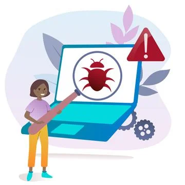 Personal data security concept. Detecting bugs and errors by magnifier. Softw イラスト素材