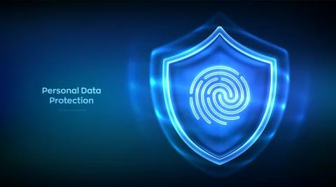 Personal data security. Fingerprint icon behind Security shield on blue backg Stock Illustration