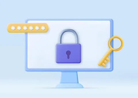 Personal data security. Laptop screen with lock. 3D Illustrazione stock