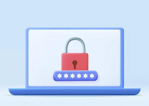 Personal data security. Laptop screen with lock. 3D 스톡 일러스트