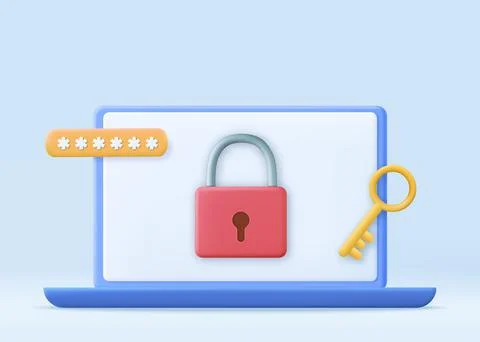 Personal data security. Laptop screen with lock. 3D Illustrazione stock