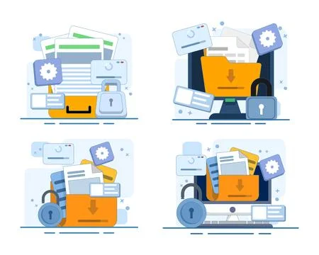 Personal data security set featuring password protection, cyber defense. Illustrazione stock