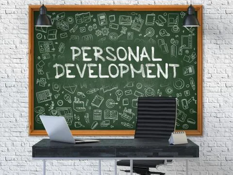 Personal Development Concept. Doodle Icons on Chalkboard. 3D Render Stock Illustration