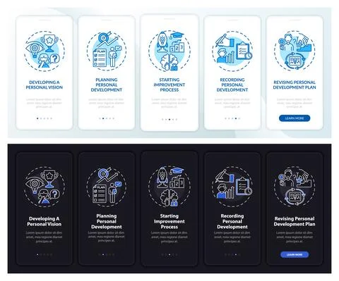 Personal development onboarding mobile app page screen with concepts Illustrazione stock