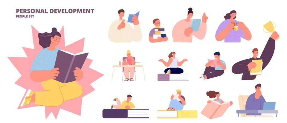 Personal development people characters. Self education and develop with books Stock Illustration