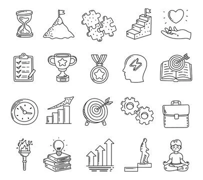 Personal development set in outline line art Stock Illustration