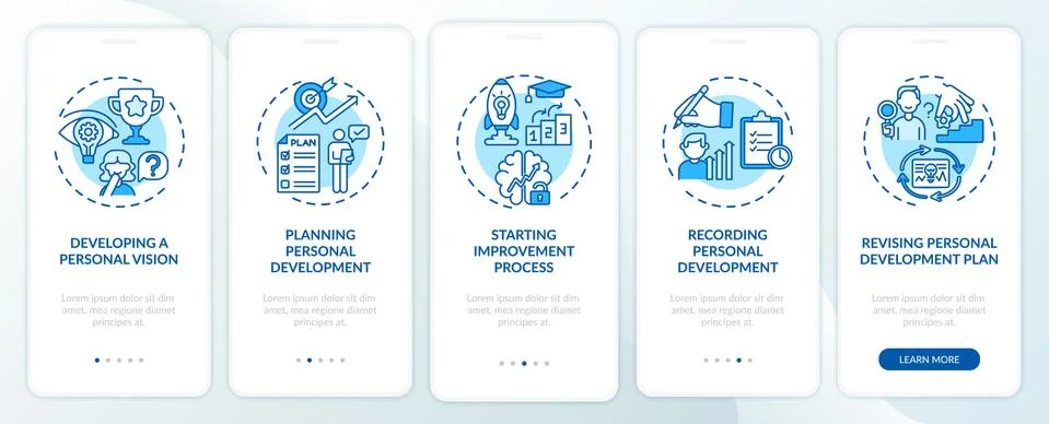 Personal development steps blue onboarding mobile app page screen with concepts Stock Illustration