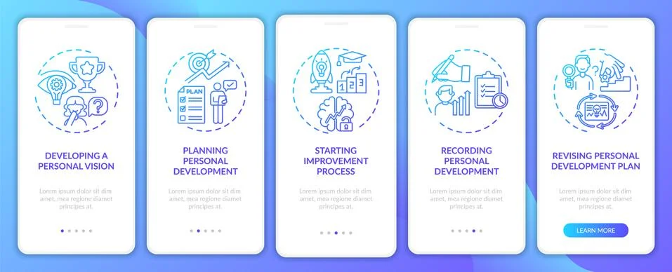 Personal development steps navy onboarding mobile app page screen with concepts Stock Illustration