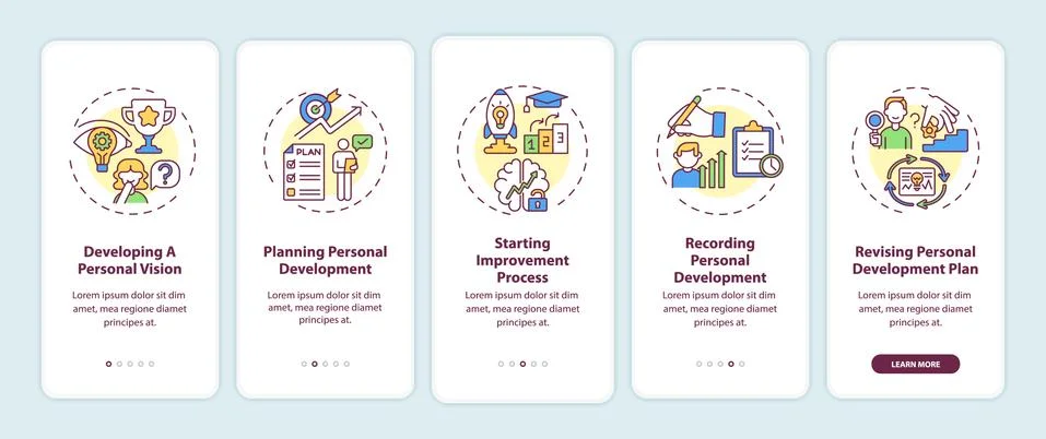 Personal development steps onboarding mobile app page screen with concepts Stock Illustration