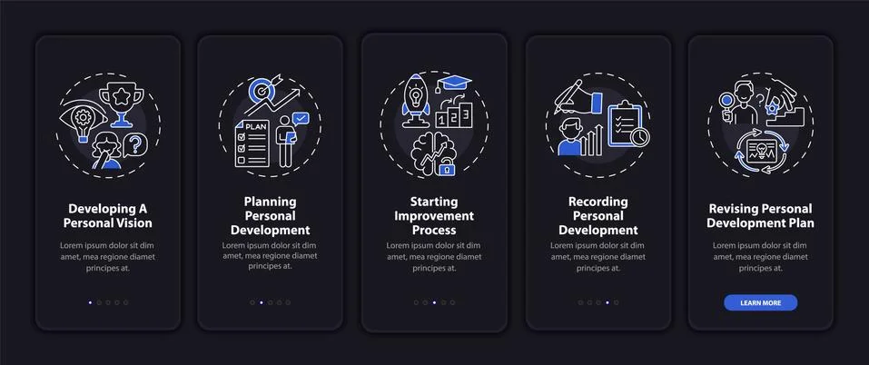 Personal development steps onboarding mobile app page screen with concepts Illustrazione stock