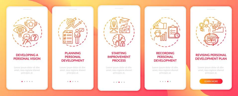 Personal development steps red onboarding mobile app page screen with concepts 스톡 일러스트