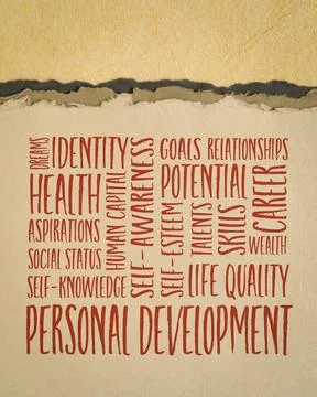 Personal development word cloud on an art paper, inspirational self improve.. Stock Photos