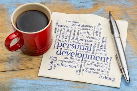 Personal development word cloud on napkin personal development word cloud ... Stock Photos
