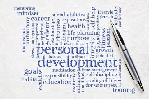 Personal development word cloud on napkin personal development word cloud ... Stock Photos