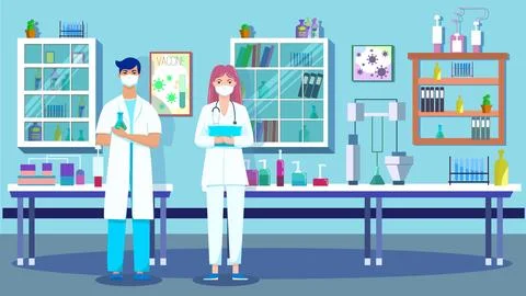 Personal Doctors Couple. Scientists Young Man and Woman conducting research i Illustrazione stock