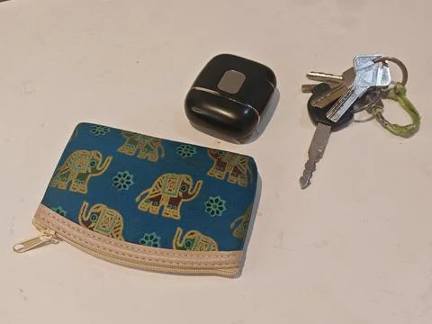 Personal Essentials Layout with Elephant Print Coin Purse, Wireless Earbuds Stock Photos