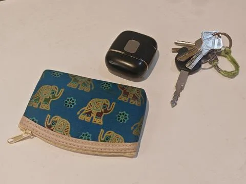 Personal Essentials Layout with Elephant Print Coin Purse, Wireless Earbuds, Stock Photos