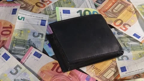 Personal finance and consumer spending concept with wallet on euro banknotes Stock Footage 336984506