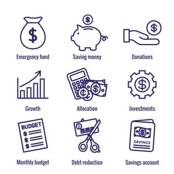 Personal Finance &amp; Responsibility Icon Set with Money, Saving, &amp; Banking opti Stock Illustration